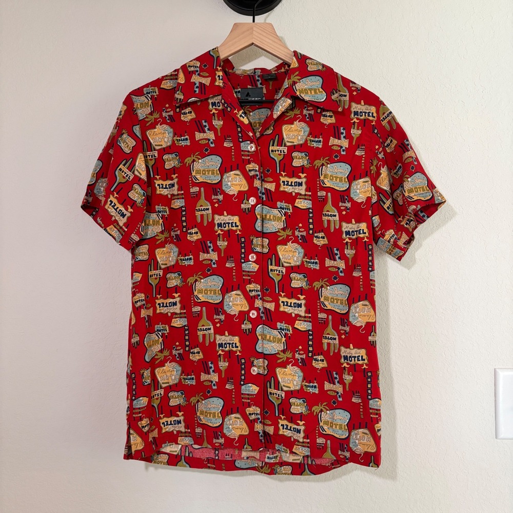Vintage‎ Lizwear Button Down Shirt Motel Sign Print Red Retro Americana